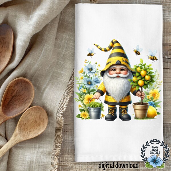 Bee Kitchen Towels, Bumble Bee Gnome Sublimation Design, PNG File Commercial Use Clipart Instant Download