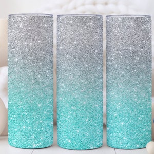 Ombre Glitter 20 oz Skinny Tumbler Sublimation Designs, Faux Teal Gray Glitter Tumbler Wrap Png Digital Product Download