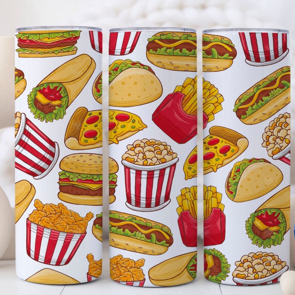 Fast Food, 20 oz Skinny Tumbler Sublimation Designs Food Tumbler Wrap Png Digital Product Download