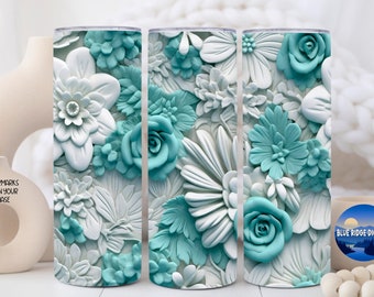 3D Flowers, 20 oz Skinny Tumbler Sublimation Designs, Teal White 3D Floral Tumbler Wrap Png Digital Product Download