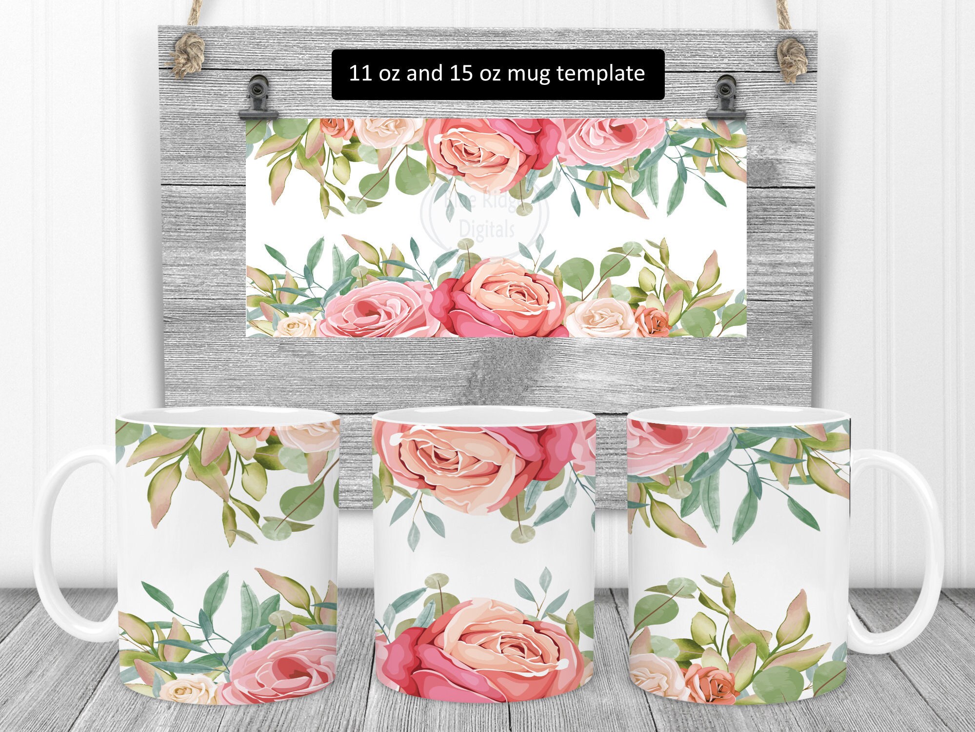 Pink Roses Full Wrap Mug Sublimation Design Spring Bouquet Mug Etsy