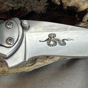 May include: A silver-toned folding knife with a metallic handle secured by two visible screws. The blade features a laser-engraved graphic of a coiled snake and the text 1620PL etched near the base of the blade, showing a brushed metal finish.