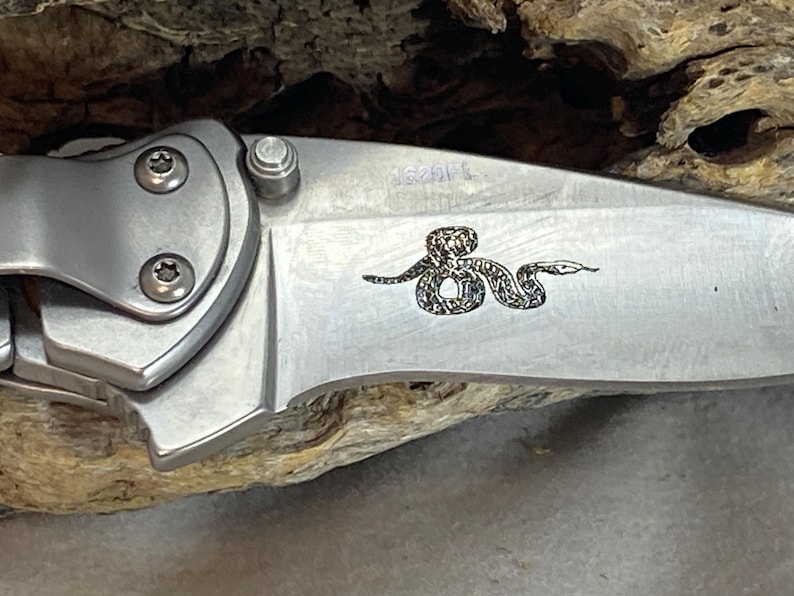 May include: A silver-toned folding knife with a metallic handle secured by two visible screws. The blade features a laser-engraved graphic of a coiled snake and the text 1620PL etched near the base of the blade, showing a brushed metal finish.