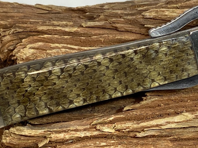 Pu&ograve; includere: Primo piano di un coltello tascabile con un manico con un motivo a scaglie nei toni del verde e del marrone. La lama &egrave; parzialmente visibile e il coltello ha una ghiera color argento e una piccola estensione del manico curva.