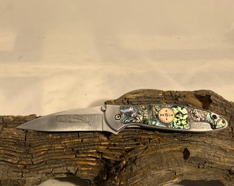 Custom Kershaw Leek Knife: Paua Abalone Scale, Whale Engravings