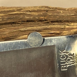 May include: Close-up of a silver pocket knife with a brass accent. The knife has the words "BUCK 110" and "USA" engraved on the side.