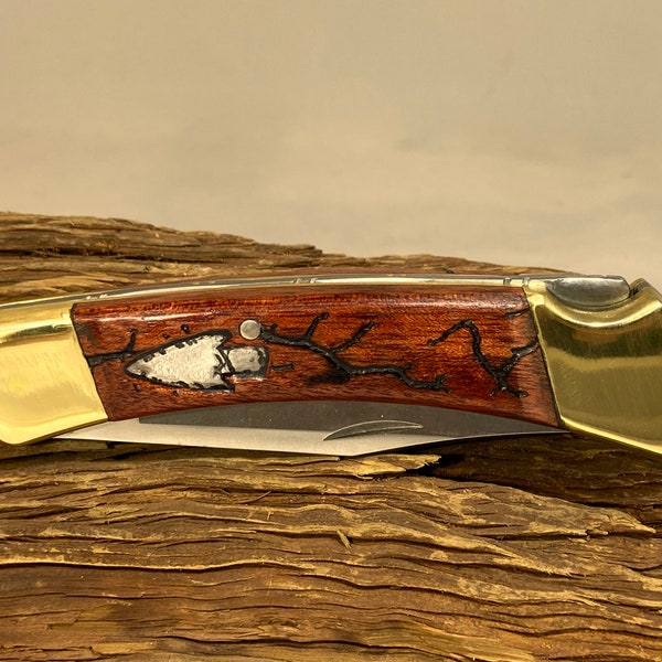 Custom Buck Hunter 110 Lockback Knife with Custom Blood Wood Scales, Sterling Silver Inlay and File Work