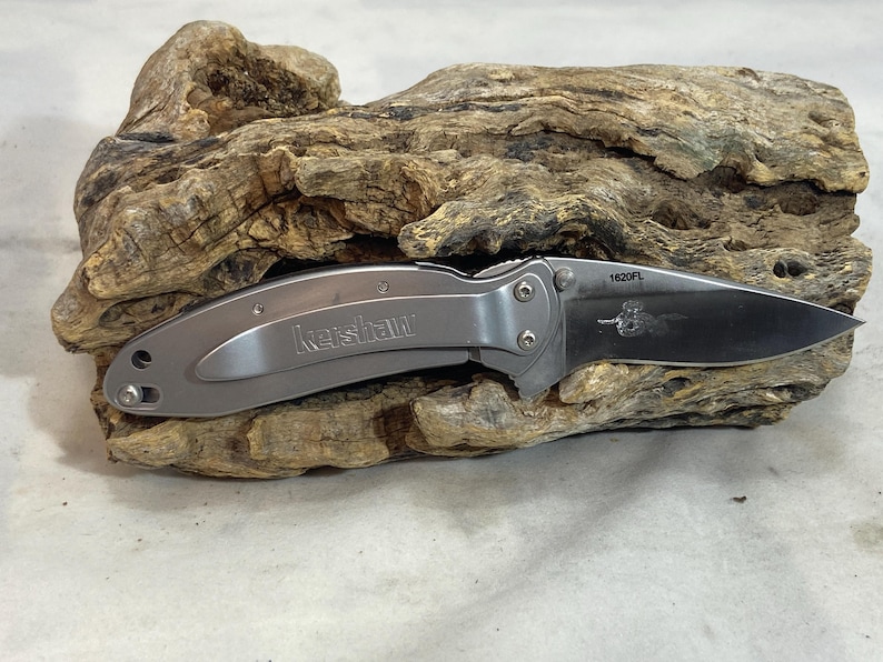 May include: A silver-toned folding pocket knife with a metallic handle featuring the Kershaw brand name. The blade is partially extended and displays the model number 1620FL along with a small etched graphic of a snake on the metal surface.
