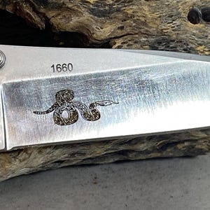 May include: A silver-colored metal knife blade featuring a laser-engraved graphic of a coiled snake and the number 1660 printed in black ink on the surface. The blade has a brushed metallic finish and a visible pivot screw on the left side.