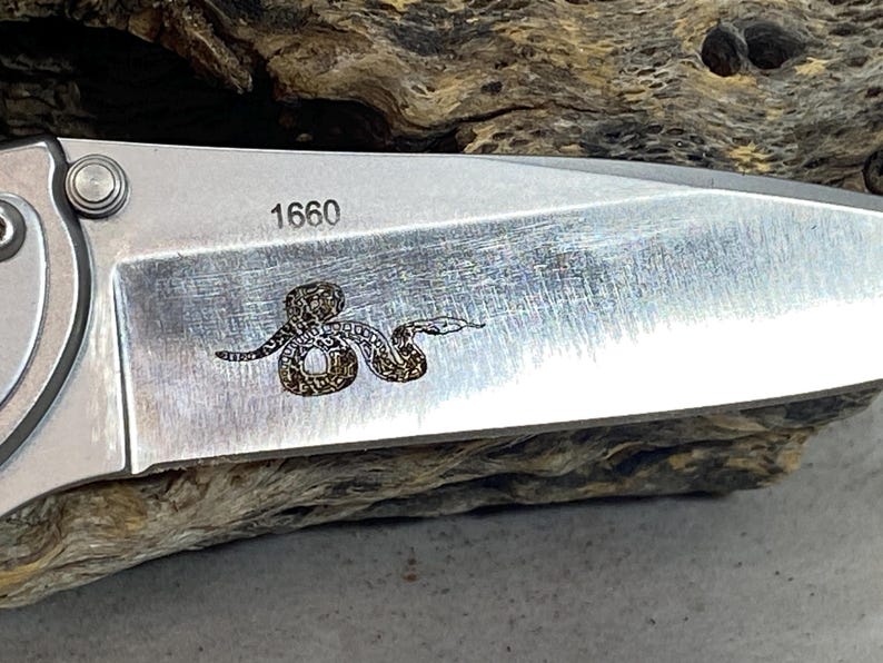 May include: A silver-colored metal knife blade featuring a laser-engraved graphic of a coiled snake and the number 1660 printed in black ink on the surface. The blade has a brushed metallic finish and a visible pivot screw on the left side.