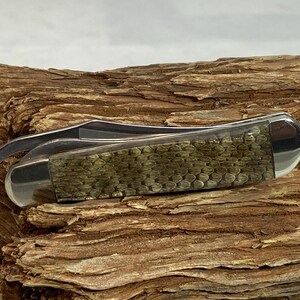 Pu&ograve; includere: Un coltello tascabile chiuso con una lama in acciaio inossidabile e un manico con un motivo a scaglie strutturato nei toni del verde e del marrone. Il coltello &egrave; appoggiato su un pezzo di legno stagionato. La lama &egrave; riposta nel manico.