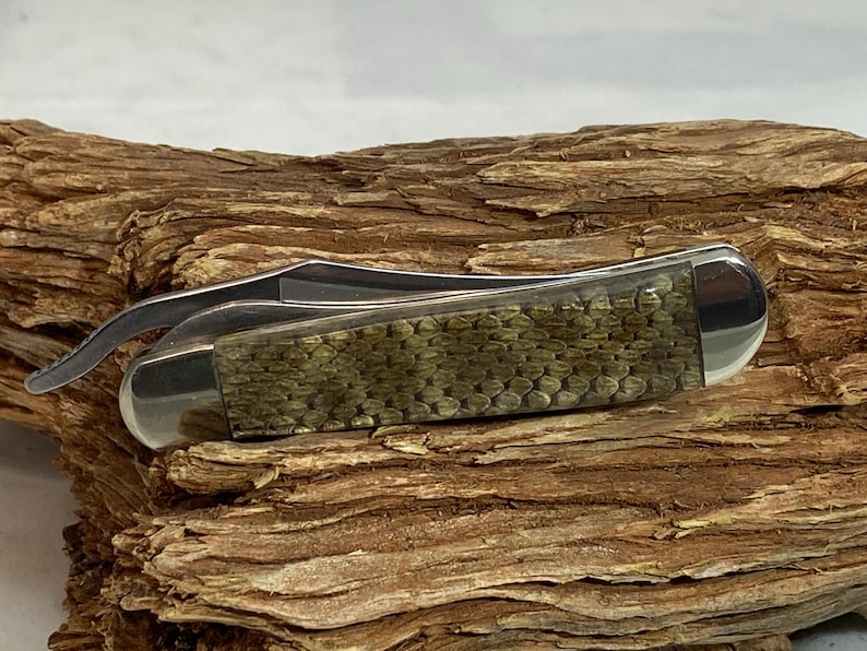 Pu&ograve; includere: Un coltello tascabile chiuso con una lama in acciaio inossidabile e un manico con un motivo a scaglie strutturato nei toni del verde e del marrone. Il coltello &egrave; appoggiato su un pezzo di legno stagionato. La lama &egrave; riposta nel manico.