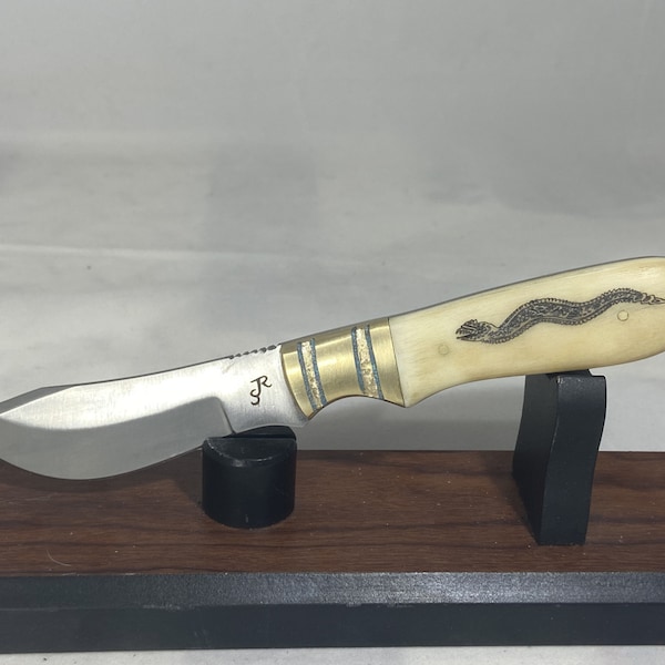 Custom Fixed Blade Hunting Knife with Custom Bone/Scrimshaw scales and Turquoise Inlayed/Engraved Bolster