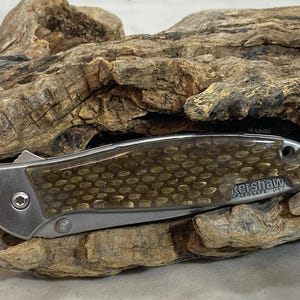 Customized Kershaw 1660 Leek Assisted Opening Knife with custom rattlesnake scales and blade engravings image 2