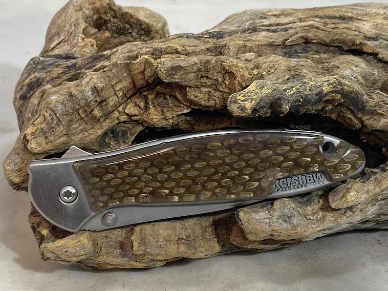 Customized Kershaw 1660 Leek Assisted Opening Knife with custom rattlesnake scales and blade engravings image 2