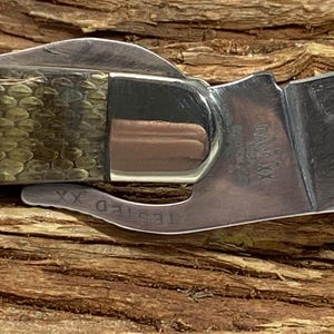 Pu&ograve; includere: Primo piano di un coltello tascabile con una lama argentata e un manico con un motivo verde e marrone. Il coltello ha il testo "CASE XX" e "TESTED XX" inciso sul metallo.