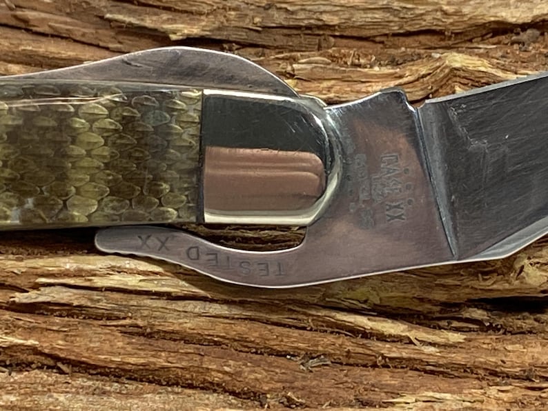 Pu&ograve; includere: Primo piano di un coltello tascabile con una lama argentata e un manico con un motivo verde e marrone. Il coltello ha il testo "CASE XX" e "TESTED XX" inciso sul metallo.