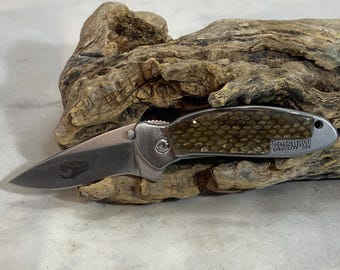 Customized Kershaw 1620 Scallion Assisted Opening Knife with Custom Rattlesnake Skin Scales and Blade Engravings