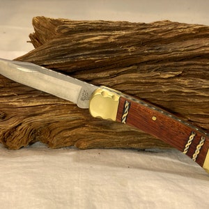 Custom Buck Hunter 110 Lockback Knife with Custom Blood Wood and Inlayed  Scales