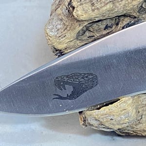 May include: A silver-toned metal knife blade featuring a laser-engraved graphic of a snake head with an open mouth and visible fangs. The blade has a brushed metallic finish and a sharp pointed tip, positioned against a textured piece of light brown wood.