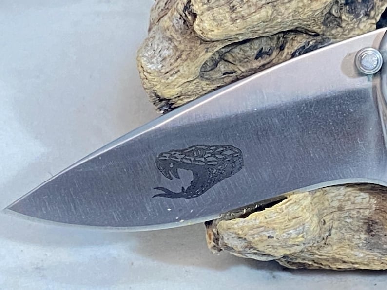 May include: A silver-toned metal knife blade featuring a laser-engraved graphic of a snake head with an open mouth and visible fangs. The blade has a brushed metallic finish and a sharp pointed tip, positioned against a textured piece of light brown wood.