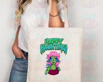 Alien Halloween Tote Bag, Happy Haunting Canvas Bag, Cute Spooky Trick-or-Treat Tote