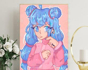 Pastel Anime Girl Print, Pink Kawaii Character Art, Nursery Decor