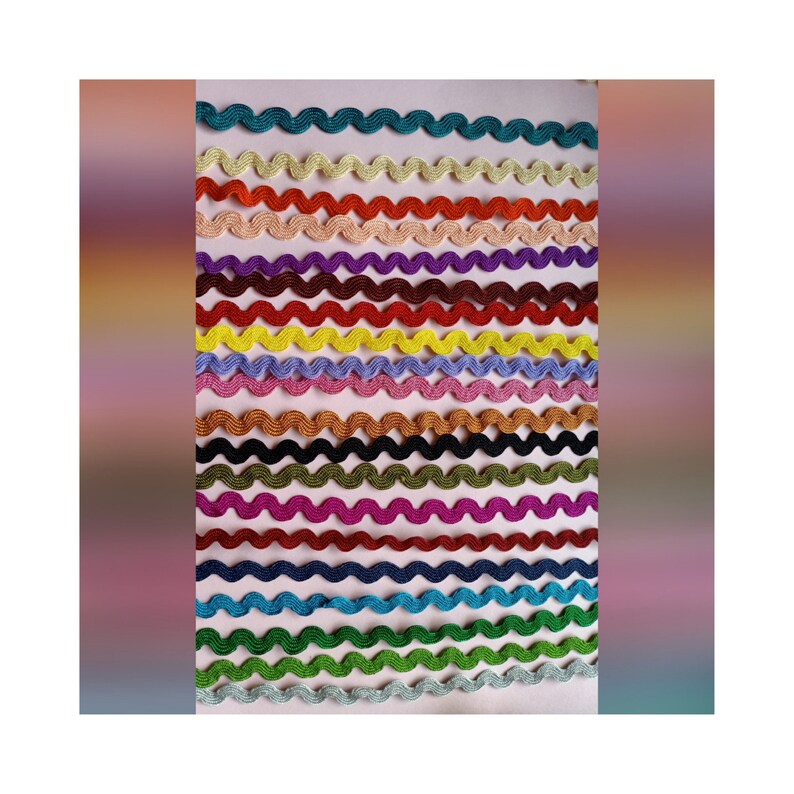 May include: A collection of 20 different colored wavy trim, each trim is approximately 1/2 inch wide.
