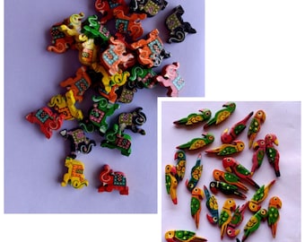 Painted Wooden Parrot & Elephant Beads: Jewelry Making Supplies