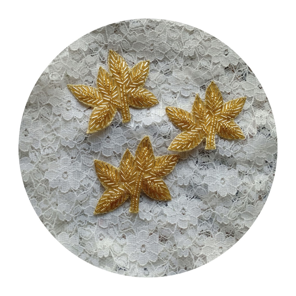 3 Golden beaded Leaf Applique Etsy