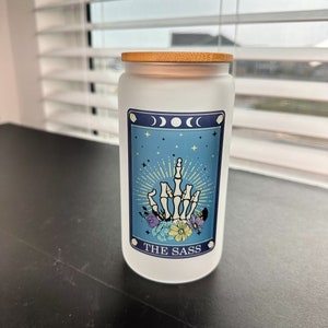 The Sass Frosted Glass Tumbler- The Sass Tarot Card Coffee Cup- Occult Tarot Card Coffee Cup- Witchy Cup- Skeleton Tarot Glass Cup