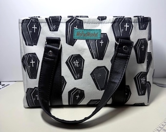 Goth Coffin Print Handbag | Black & White Spooky Purse | Alternative Mini Tote | Halloween Handbag | Witchy Gift | Neutral Goth Bag