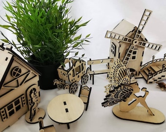 6 Fairy Garden projects, 4 files, Bonus Fairy door, Miniatures,  Wooden Toy, files for Laser cut,  CDR, AI, Svg DXF instant download