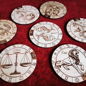 12 Coaster "12 Zodiac signs", files for Laser cut, cutting and engrave files: DXF, CDR, pdf, SGV, instant download