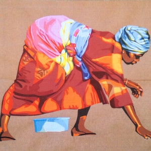 Cartolina: dipinto della donna 'Collezionare crostacei con la bassa marea, Zanzibar' di Priscilla (Cilla) Eurich.