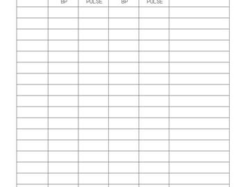 May include: A white blood pressure tracker with a grid of boxes for recording daily readings. The title "Blood Pressure Tracker" is in a light purple font, with "Tracker" in a green script. Columns are labeled for date, morning and evening readings, pulse, and notes.