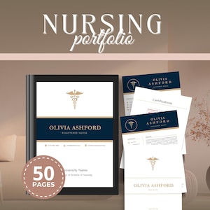 May include: A nursing portfolio with the text "NURSING portfolio" at the top. The portfolio includes a digital tablet, business cards, and documents with the name "OLIVIA ASHFORD" and the Registered Nurse symbol. The portfolio has 50 pages.