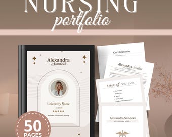 Könnte beinhalten: Ein Pflegeportfolio mit dem Titel "NURSING portfolio". Das Portfolio enthält ein Cover mit Foto, Namen und Universitätsdetails sowie 50 Seiten Inhalt. Zusätzliche Dokumente werden angezeigt.