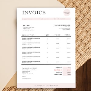 Puede incluir: Una plantilla de factura en blanco y negro con la palabra "INVOICE" en una fuente grande en la parte superior. La factura incluye secciones para información de facturación, una descripción de los artículos, la cantidad, el precio y el total. La factura también incluye métodos de pago, subtotal, impuestos, envío y el importe total.