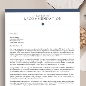 Carta de recomendación para un maestro, plantilla de carta de recomendación, carta de recomendación, plantilla de MS Word y Apple Pages, carta de carácter