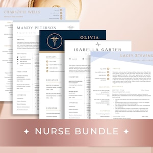 May include: A set of four nurse resume templates in a bundle. The templates feature different color schemes and designs, including a blue and gold template, a blue and white template, and a light blue and white template. The text "NURSE BUNDLE" is displayed at the bottom of the image.