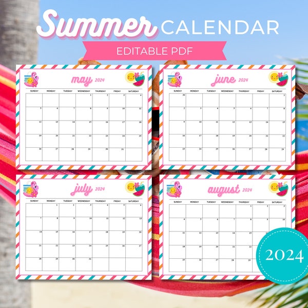 Editable Summer 2024 Calendar, Monthly Calendar, June 2024 Calendar, July 2024 Calendar, August Calendar, Summer Planner, Summer Checklist
