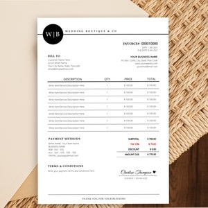 May include: A black and white invoice from Wedding Boutique & Co. The invoice includes fields for customer information, item descriptions, quantities, prices, and payment methods. The total amount due is $770.00. The invoice is on a white background.