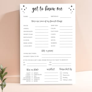 Preguntas para conocerse, encuesta sobre mí, preguntas para compañeros de trabajo, lista de favoritos de los empleados, ideas para el intercambio de regalos, trabajo en equipo