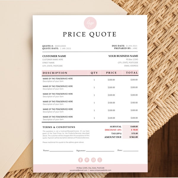 Quote Template, Editable Quotation Template, Quote Form, Small Business Invoice Order Form, Price Quotation Template, Job Estimate Form