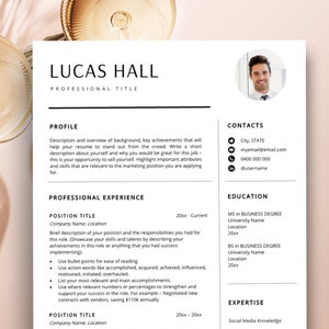 May include: A black and white resume template with the name Lucas Hall at the top. The resume includes sections for profile, professional experience, education, and expertise. The resume also includes a headshot of Lucas Hall.