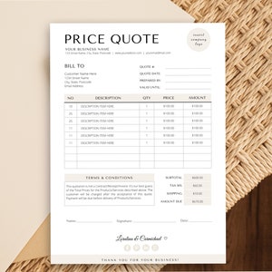 May include: A price quote template with a beige background. The template includes sections for the business name, bill to, quote number, quote date, prepared by, valid until, description, quantity, price, amount, subtotal, tax, shipping, and amount due. The template also includes a section for terms and conditions.
