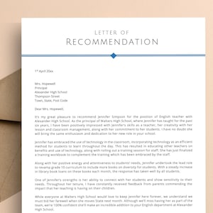 Plantilla de carta de recomendación, carta de recomendación para un maestro, plantilla de MS Word y Pages, carta de referencia, carta de recomendación