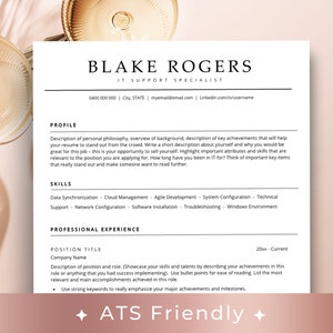 Peut inclure: Un modèle de CV avec le titre "Blake Rogers, Spécialiste du support informatique". Le modèle comprend des sections pour le profil, les compétences et l'expérience professionnelle. Le modèle est conçu pour être compatible avec les systèmes ATS.