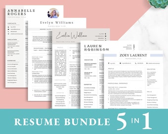 May include: A collection of five resume templates in a bundle. The templates are designed in a modern, minimalist style with a light gray background and black text. The text includes the words "RESUME BUNDLE 5 IN 1".